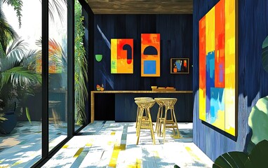 Vibrant art exhibition mid-century modern interior home gallery urban setting bright atmosphere colorful aesthetics