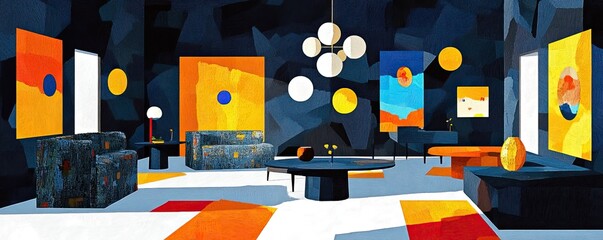 Vibrant mid-century modern interior design showcase contemporary living room artistic space bold colors unique perspective
