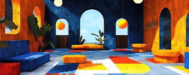 Vibrant mid-century modern interior design coastal space colorful living room artsy atmosphere bright viewpoint