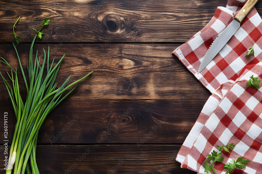 Fototapete rustic wooden background with fresh green onions and a napkin, top-down view with space for text