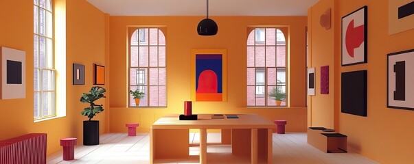 Vibrant mid-century modern interior design showcase urban gallery space art display bright environment contemporary viewpoint