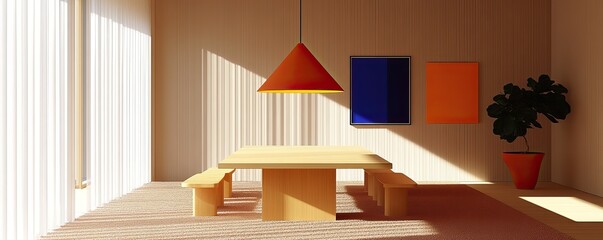 Mid-century modern interior dining room bright space minimalist design warm atmosphere contemporary aesthetics