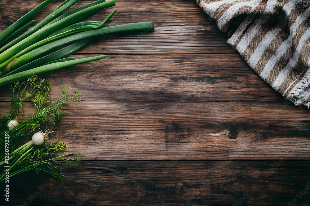 Fototapete rustic wooden background with fresh green onions and a napkin, top-down view with space for text