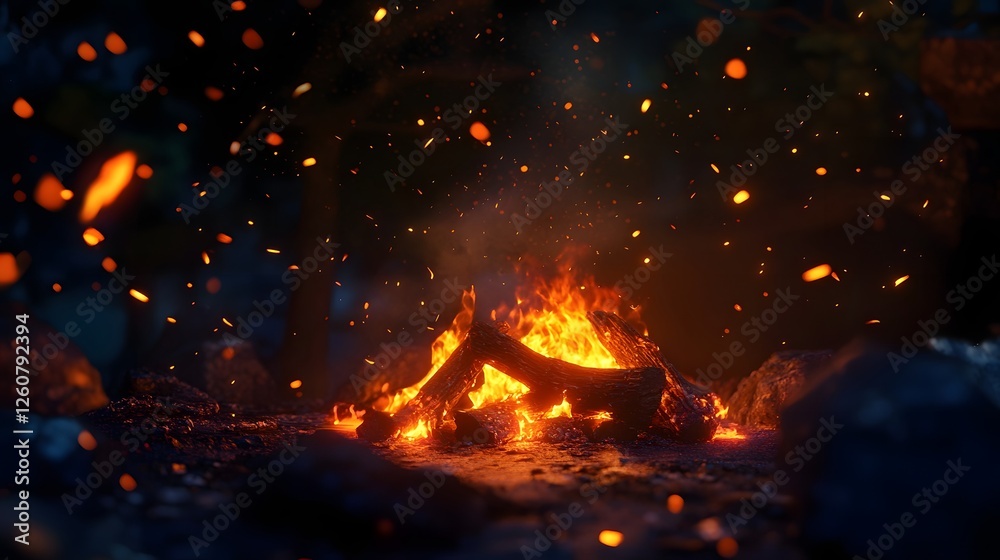 Poster Captivating image of a roaring campfire with vibrant flames glowing embers and dancing sparks in the midst of a tranquil wilderness setting