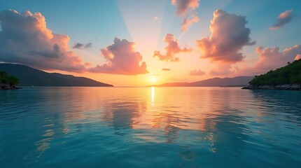 Fototapeta premium Golden Sunset Over Tranquil Sea with Distant Islands ,Breathtaking Landscape