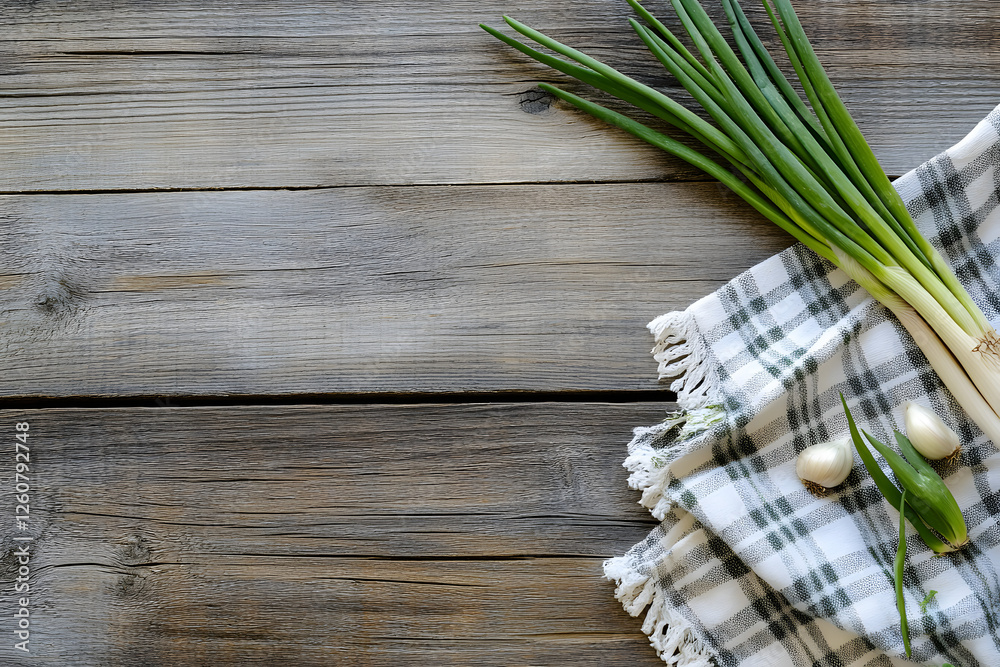 Fototapete rustic wooden background with fresh green onions and a napkin, top-down view with space for text