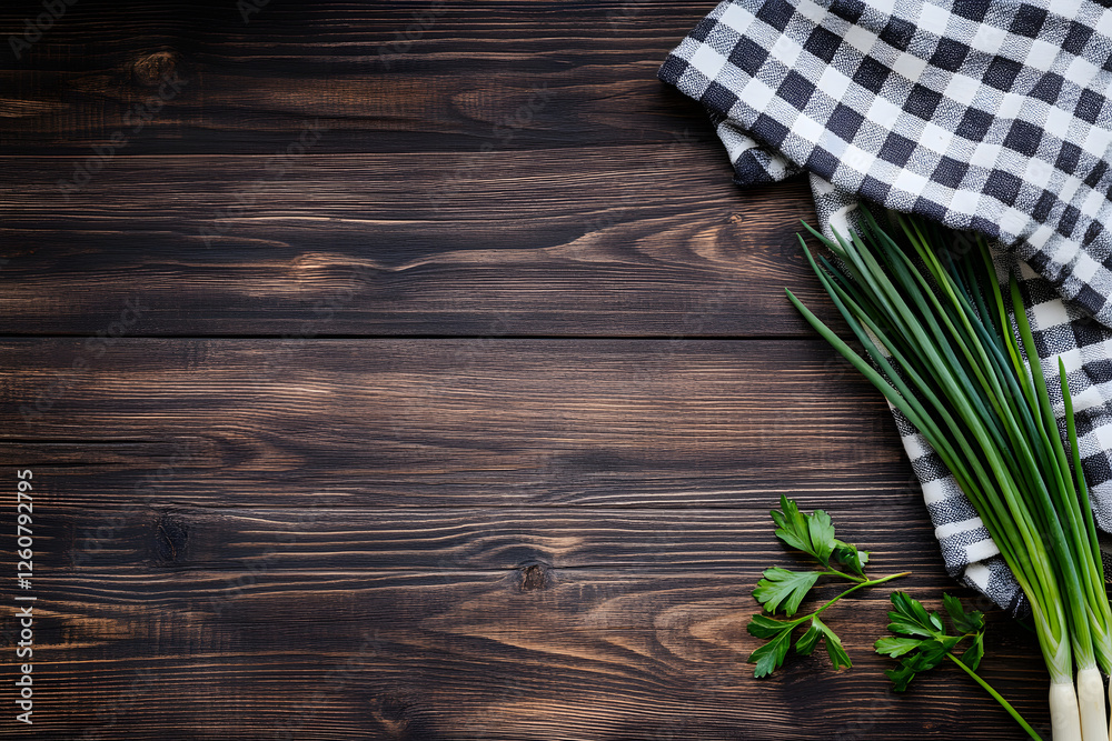 Fototapete rustic wooden background with fresh green onions and a napkin, top-down view with space for text