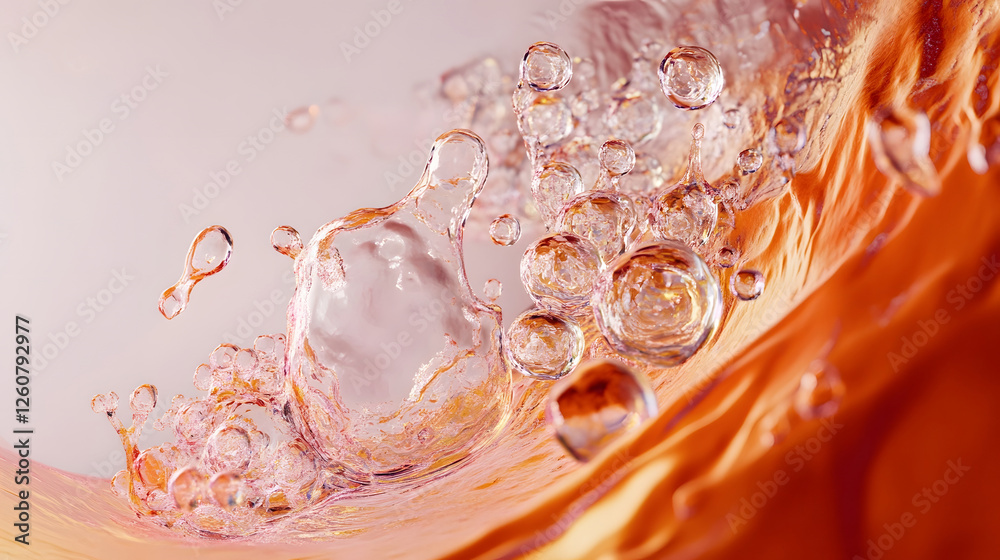 Poster Captivating image showcasing a dynamic flow of iridescent bubbly liquid with a mesmerizing ethereal The transparent shimmering droplets and splashes create a visually stunning artful background
