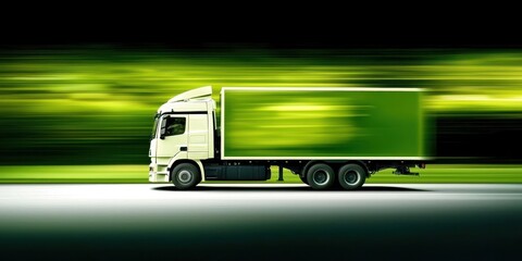 Sustainable development and renewable resource. Green truck in motion with blurred background conveying speed.