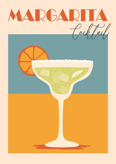 Margarita Cocktail poster in retro style with alcohol drink glass garnished with orange wheel. Colorful flat vector illustration
