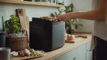 Modern Kitchen Composting, Sustainable Living and Waste Reduction Concept