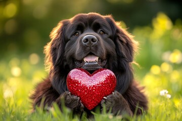 Fototapeta premium Cute newfoundland dog with sparkling rhinestones red heart on a walk in a spring garden. Marketing pet animal creative. Newfoundland - my beloved dog, symbol of friendship. Puppy love.