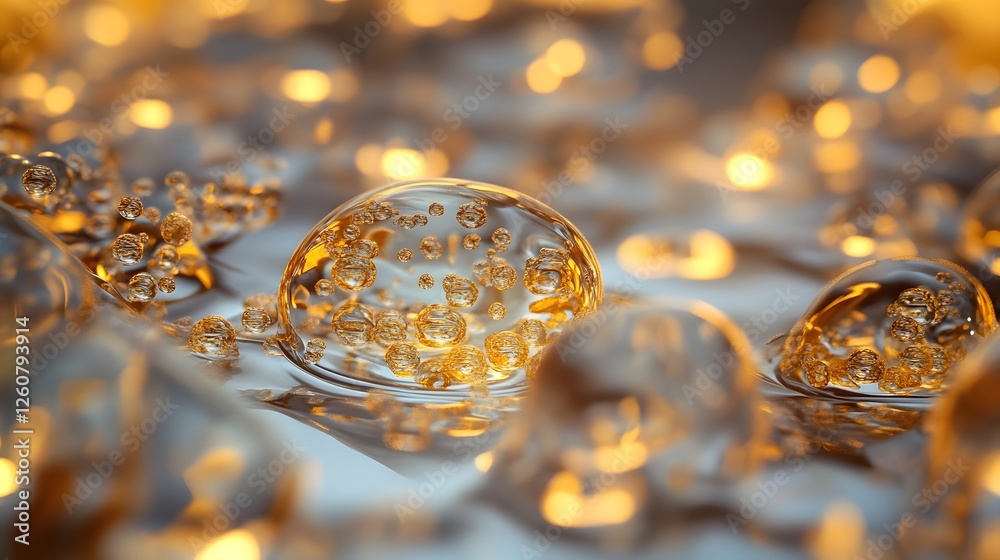Poster Captivating liquid bubbles shimmering with a golden glow and sparkling reflections creating a mesmerizing and enchanting abstract pattern  The translucent