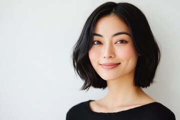 Fototapeta premium Radiant Glow: Close-Up Portrait of a Smiling Asian Woman with Healthy, Hydrated Skin
