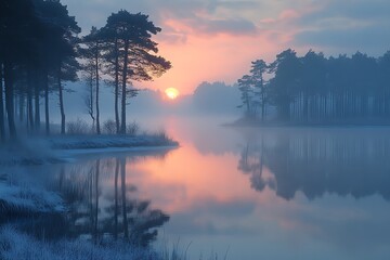 Serene sunrise over a misty lake surrounded by pine trees reflecting in calm waters