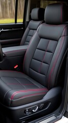 Explore the stylish front row of an SUV featuring black leather seats with striking red stitching, highlighting modern design and quality