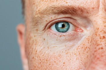 Fototapeta premium Close-Up of a Blue Eye with Freckles and Skin Texture
