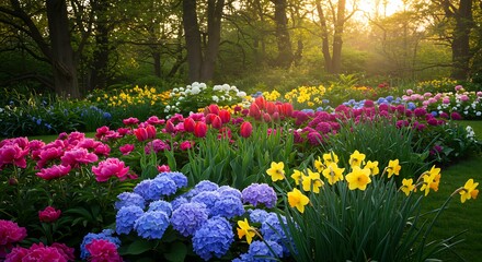 Fototapeta premium Blooming Flower Garden at Sunset with Colorful Tulips and Hydrangeas