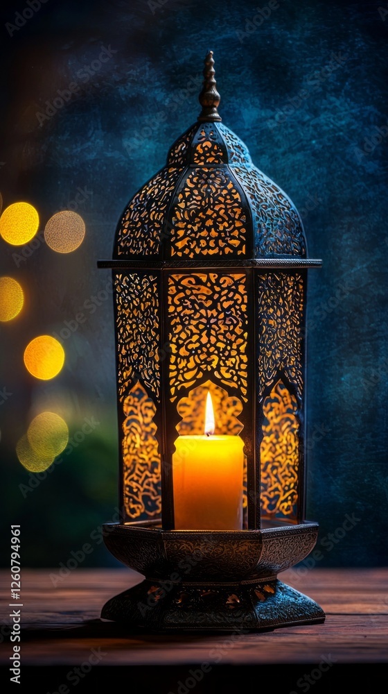 Poster Amidst a serene backdrop, an ornamental Arabic lantern glows with warmth from a flickering candle inside, creating an inviting atmosphere filled with intricate designs and soft bokeh lights