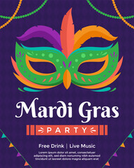 Mardi Gras holiday poster template with green mask and feather on purple background © Anwar Design