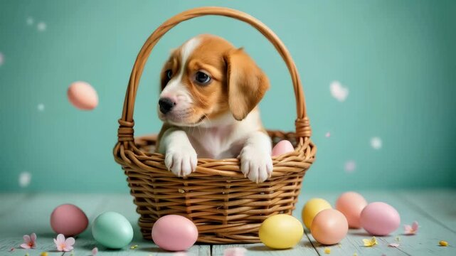 Playful puppy in a basket surrounded by colorful Easter eggs in a cheerful setting. Easter egg pet. Concept resurrection easter eggs.