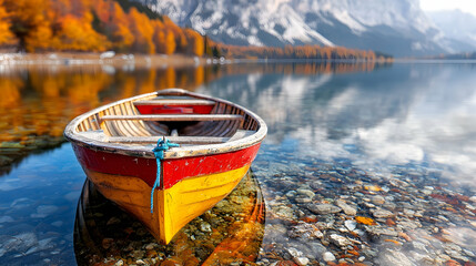 Fototapeta premium Autumnal lake boat, mountain reflection, calm waters