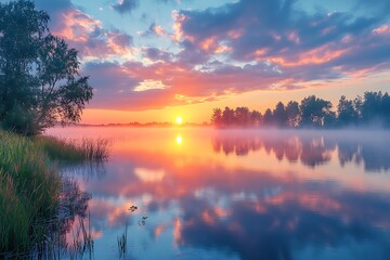 Fototapeta premium Serene sunrise over a tranquil lake with mist, reflecting vibrant colors and silhouettes of trees