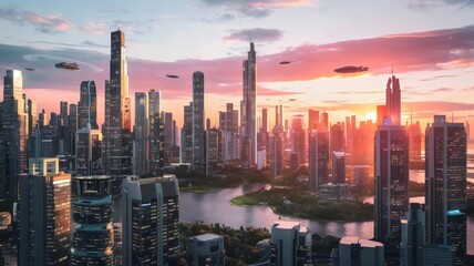 Fototapeta premium City of Tomorrow: A vibrant metropolis of towering skyscrapers and sleek flying vehicles, painted in the warm hues of a sunset, symbolizing futuristic technology and urban development.