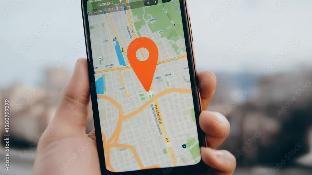 Poster Smartphone screen displaying digital map with vibrant orange location pin, fingers navigating through detailed geographical information in smooth slow motion tracking movement