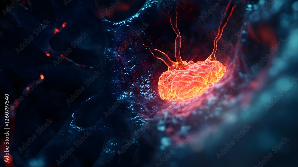 Poster Captivating microscopic view of a dynamic colorful organic structure glowing with fiery energy representing the intricate and complex nature of biological processes and scientific discovery