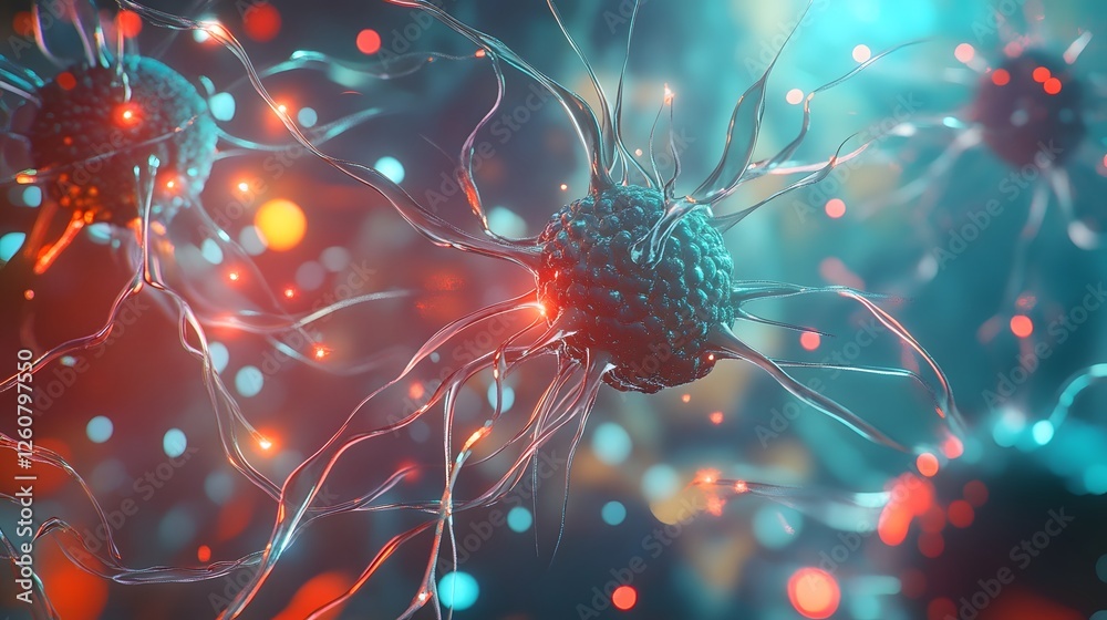 Fototapete captivating microscopic view of a neuron synapse with colorful electrical impulses