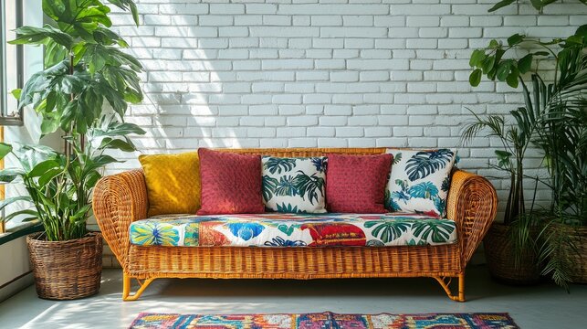 A boho-inspired couch with colorful cushions, set against a white brick wall with indoor plants for a fresh, vibrant look.