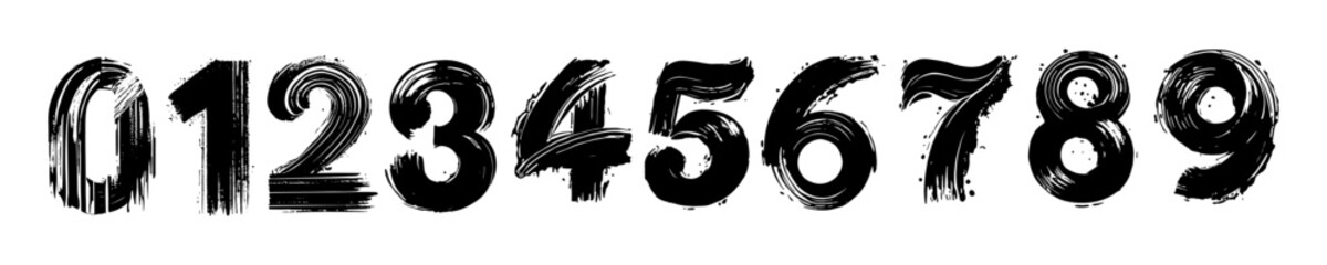 A set of bold black numbers from 0 to 9 designed with a grunge brush stroke style on a white background. Vector illustration