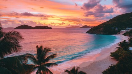 Vibrant tropical beach sunset with pastel sky and palm trees