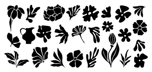 Set of flower and leaves silhouettes. Hand drawn floral design elements, icons, shapes. Wild and garden flowers, leaves black and white outline illustrations isolated on white background