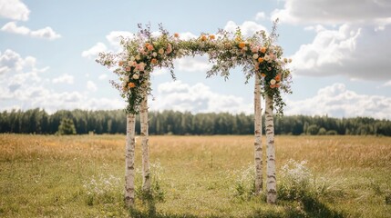 Obraz premium A charming countryside wedding arch made of birch branches, decorated with wildflowers, in an open meadow.