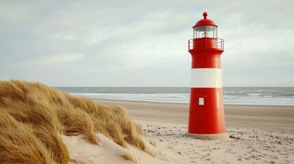 Red lighthouse stands on a sandy beach overlooking the sea under a cloudy sky.