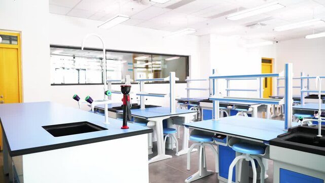 Modern chemistry laboratory of the school, slow motion video