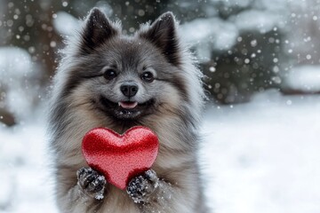 Ad critter animal artwork. Keeshond - my treasured dog, symbol of friendship. Cute keeshond dog with sparkling rhinestones red heart on a walk in a winter park. Puppy and snowflakes.