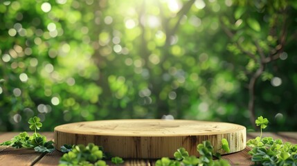 green product display background wood grain tabletop plants sunlight natural tranquility