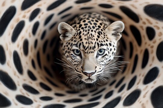 Leopard with camouflaged fur pattern in a tunnel-like illusion