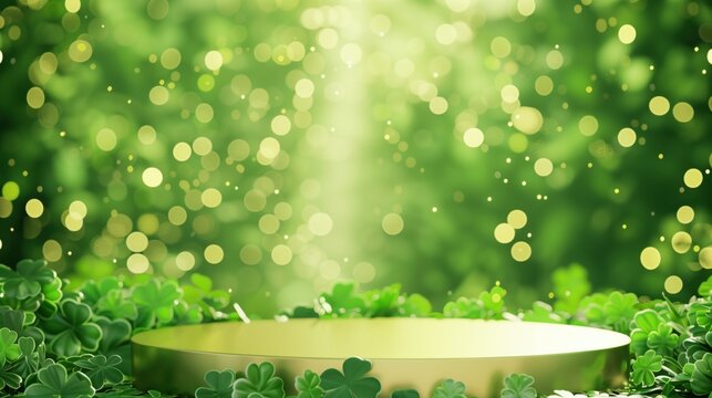green podium shamrocks gold coins magical light rays st patrick's day
