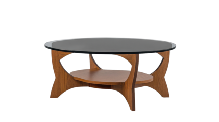 Modern round coffee table with wooden base and glass top on transparent background