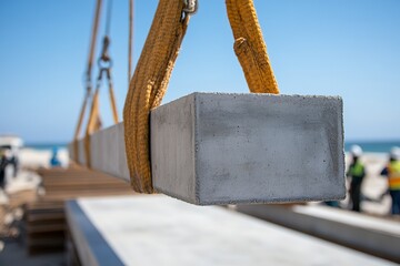Crane hoisting concrete slab at construction site with workers in background