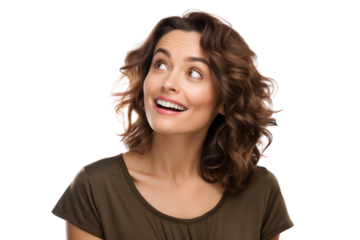 Happy woman smiling and laughing, looking up, isolated on transparent background