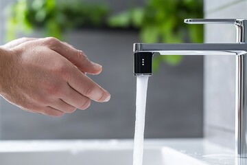 Hand activating sensor faucet with running water in modern bathroom