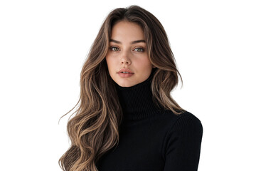 Beautiful female model with long brunette hair isolated on white background