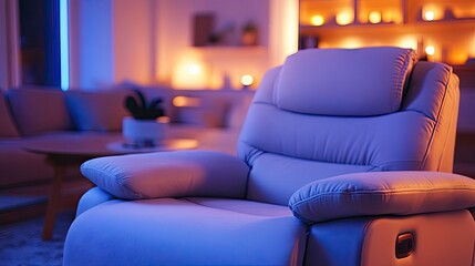 A comfortable recliner sofa with cushioned armrests, set in a contemporary living room with soft ambient lighting.