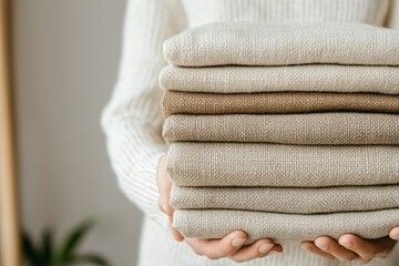 Cozy folded sweaters in neutral tones held by female adult