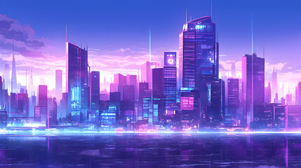 Futuristic Cityscape View with Vibrant Neon Lights Reflecting on Water